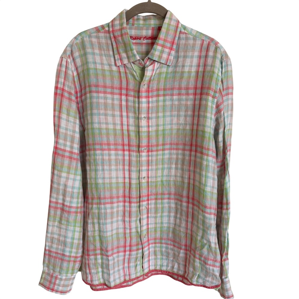 Report Collection Mens Medium 100% Linen‎ Plaid Button Down Shirt Multi Color